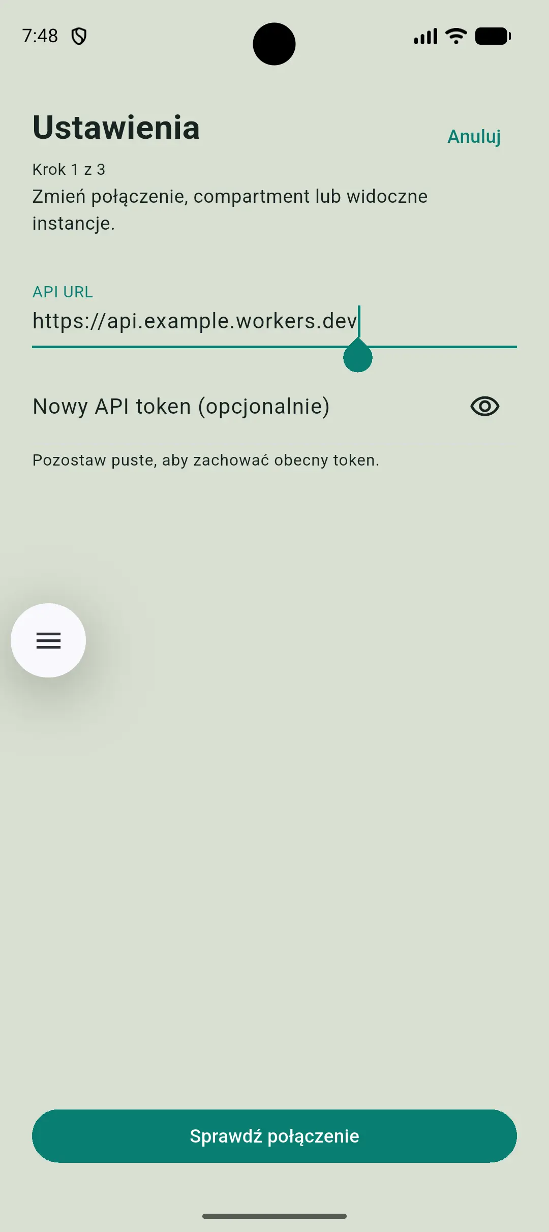 Ustawienia InstancePilot z polami adresu API i tokenu oraz przyciskiem sprawdzenia połączenia.