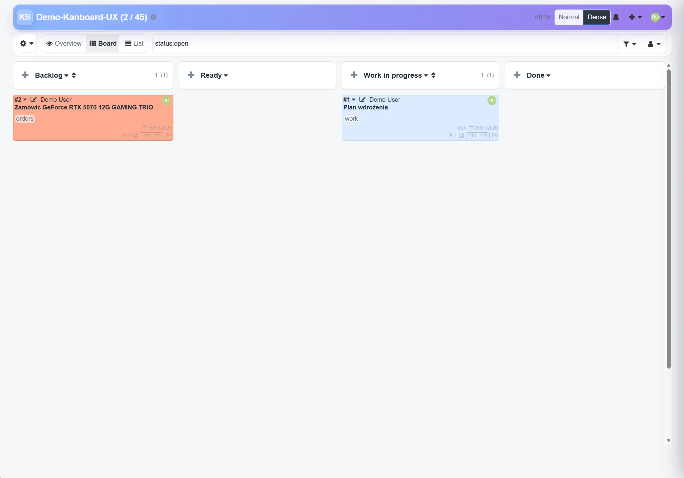 Widok tablicy Kanboard UX z zadaniami w kolumnach