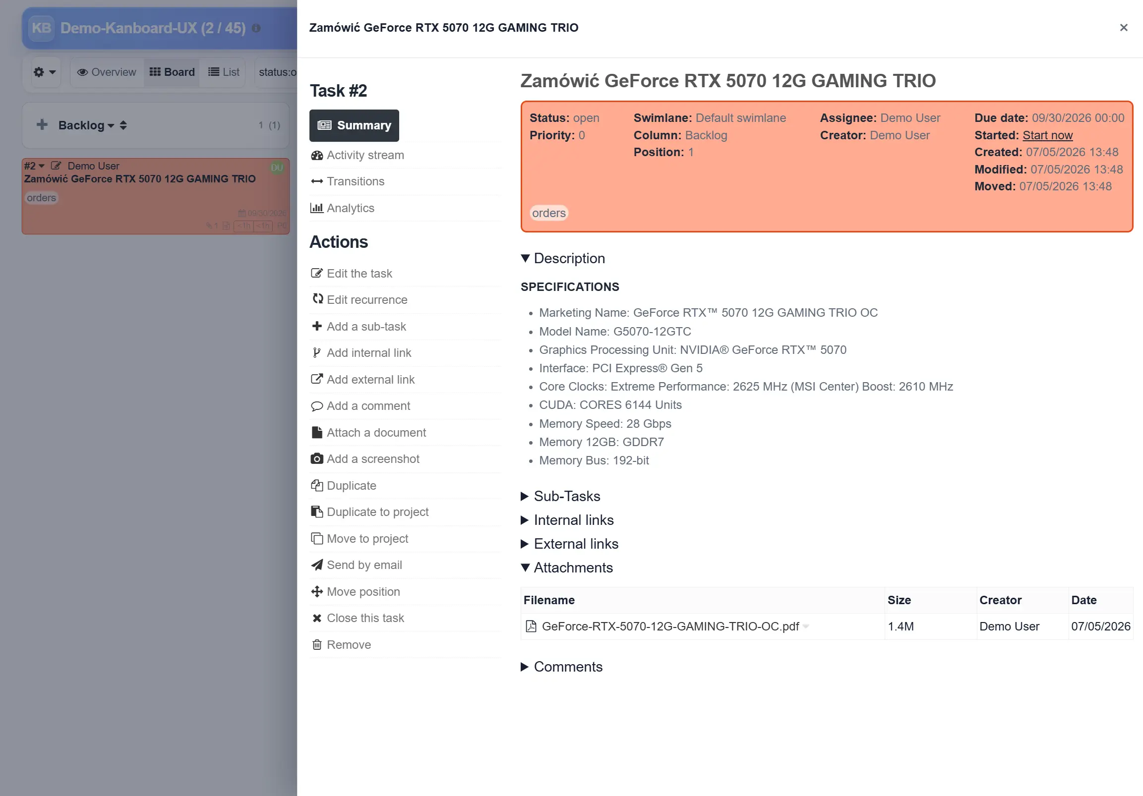 Widok zadania Kanboard UX w panelu bocznym typu drawer