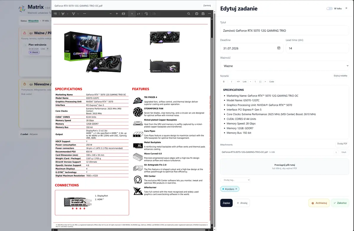 Widok zadania Matrix z podglądem załącznika PDF